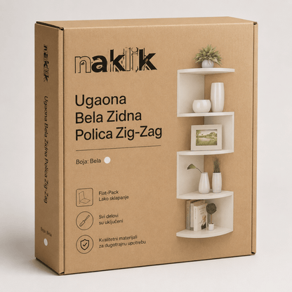 Ugaona Bela Zidna Polica Zig-Zag — 5 Nivoa - Na Klik